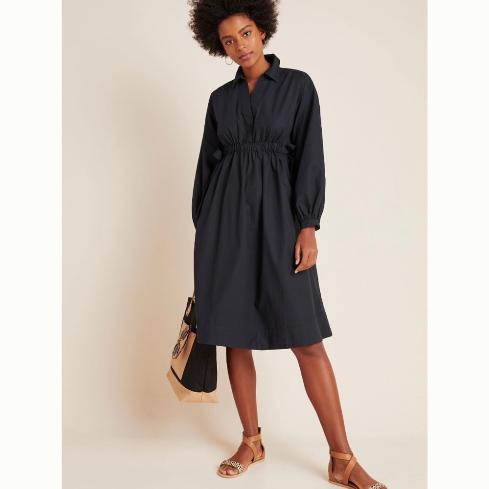 Anthropologie Maeve Nikita Black Side Tie Cinched Waist Shirt Dress Women’s Sz S